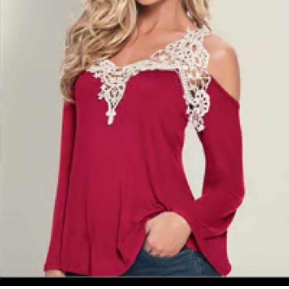 Venus Cold Shoulder Bell Sleeve Embroidered Macrame Blouse size S
